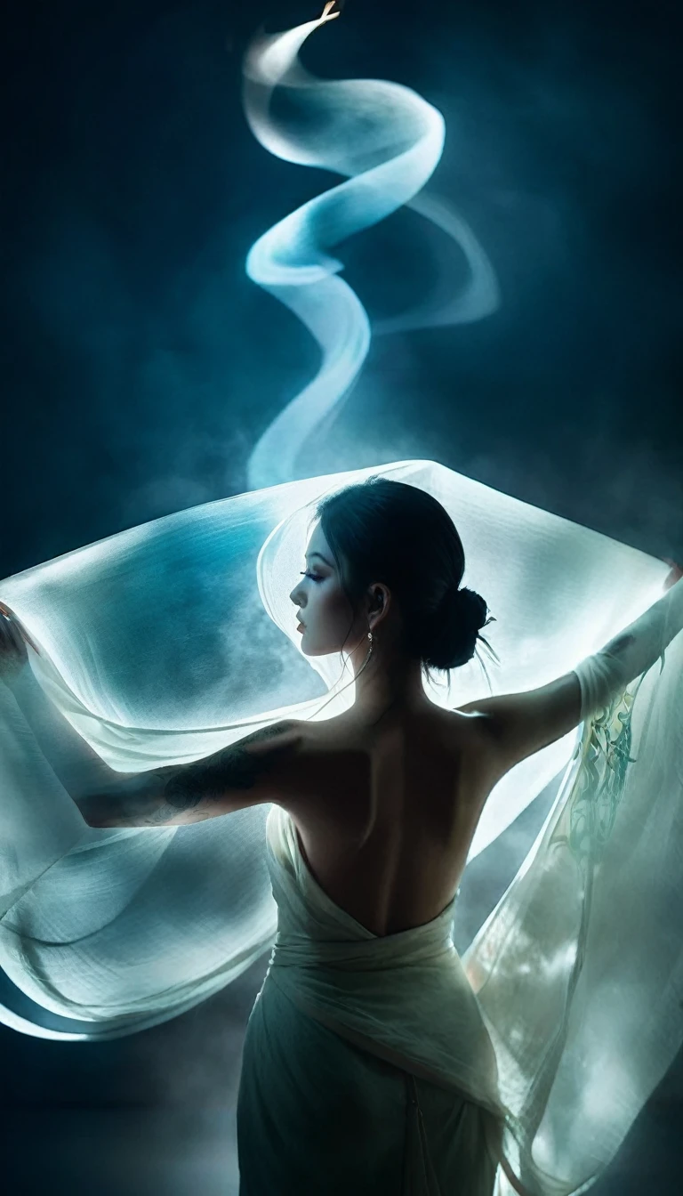 Double Exposure Style,Volumetric Lighting,a girl (Supermodel) with Wrap top,arching her back, beautiful tattoo, Traditional Attire,Artistic Calligraphy and Ink,light depth,dramatic atmospheric lighting,Volumetric Lighting,double image ghost effect,image combination,double exposure style,