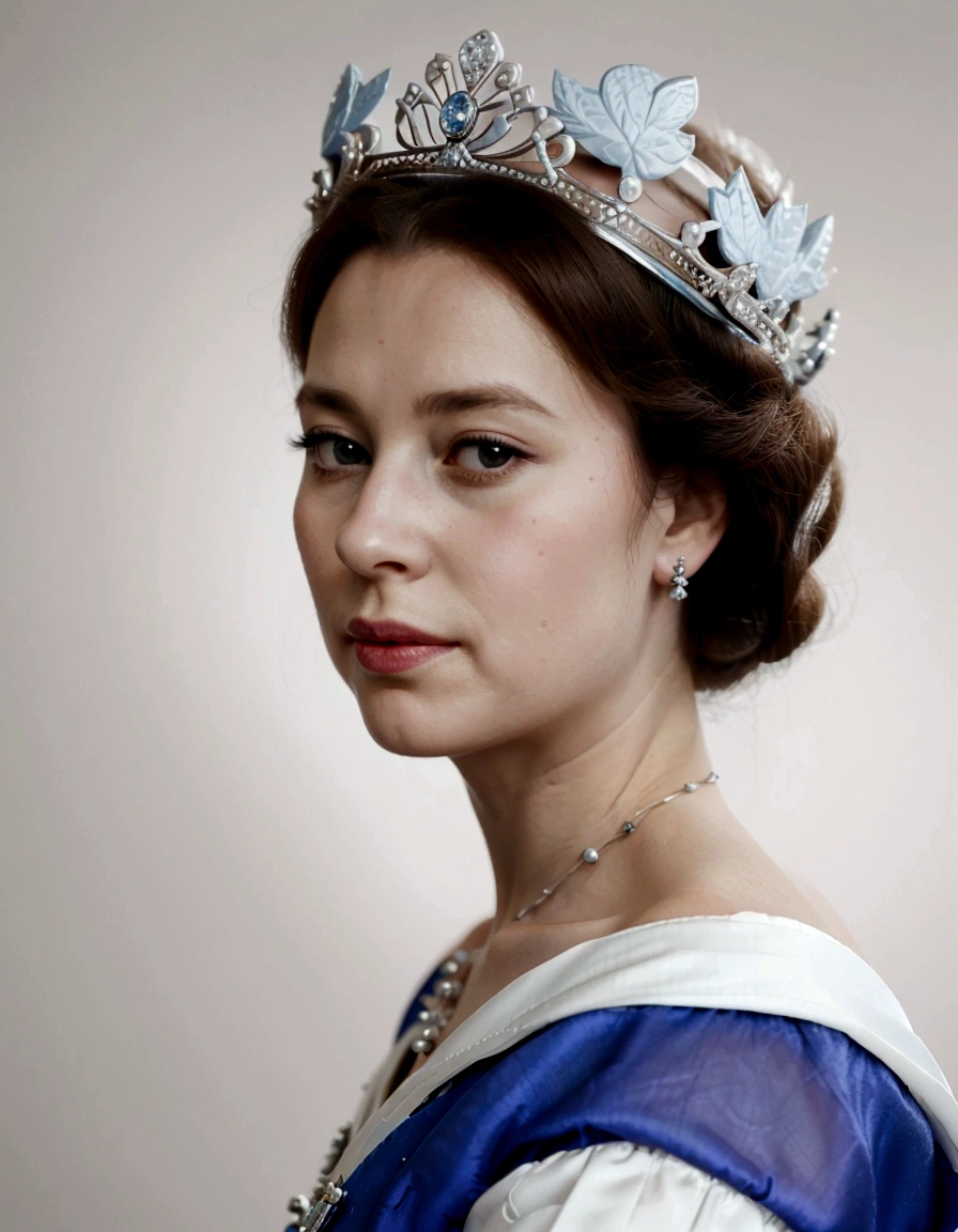 a close up of a woman wearing a tiara and a blue dress, queen elizabeth ii, queen of england, portrait of queen elizabeth ii, queen elizabeth, portrait of queen, portrait of a queen, royal portrait, wearing a diamond crown, queen chess piece photo portrait, god save the queen!!!, beautiful queen, portrait of queen of dreams, official photo portrait
