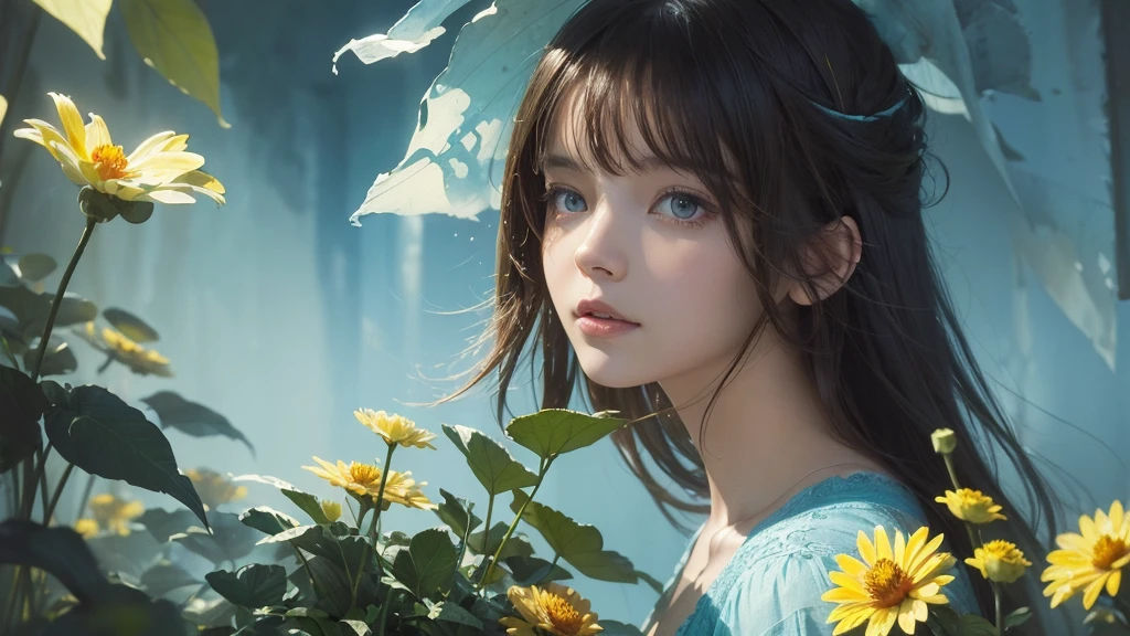 32k, Masterpiece, Highest quality, One girl, Brown Hair, Detailed eyes, flower,Dahlia, Light blue and yellow style,A dreamy, romantic piece,Pale yellow, Mysterious Leaves,A playful arrangement,Fantasy,High Contrast,Ink strokes,explosion,Exposure, Impression of light blue and yellow tones,Abstract,((Watercolours by John Berkey and Jeremy Mann )) Brush strokes,Negative Space, Tyndall effect,