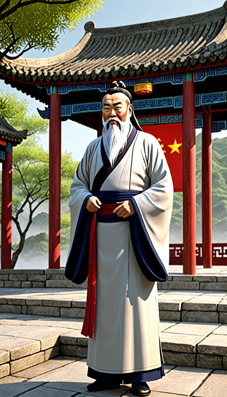 Create an animation of the ancient Chinese philosopher Confucius. He should be facing the viewer and speaking as if delivering a wise and thoughtful message. Confucius should appear in traditional Chinese clothing appropriate to his era, with a serene and authoritative demeanor. The background should be simple and complementary to the historical setting, perhaps a study or a scenic outdoor landscape. The animation should capture his gestures and expressions to convey the wisdom and importance of his words.