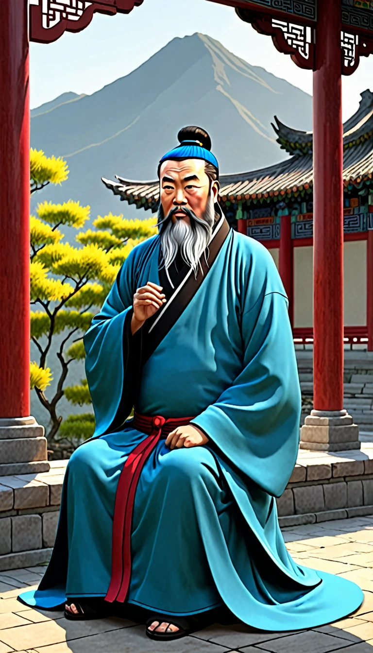 Create an animation of the ancient Chinese philosopher Confucius. He should be facing the viewer and speaking as if delivering a wise and thoughtful message. Confucius should appear in traditional Chinese clothing appropriate to his era, with a serene and authoritative demeanor. The background should be simple and complementary to the historical setting, perhaps a study or a scenic outdoor landscape. The animation should capture his gestures and expressions to convey the wisdom and importance of his words.