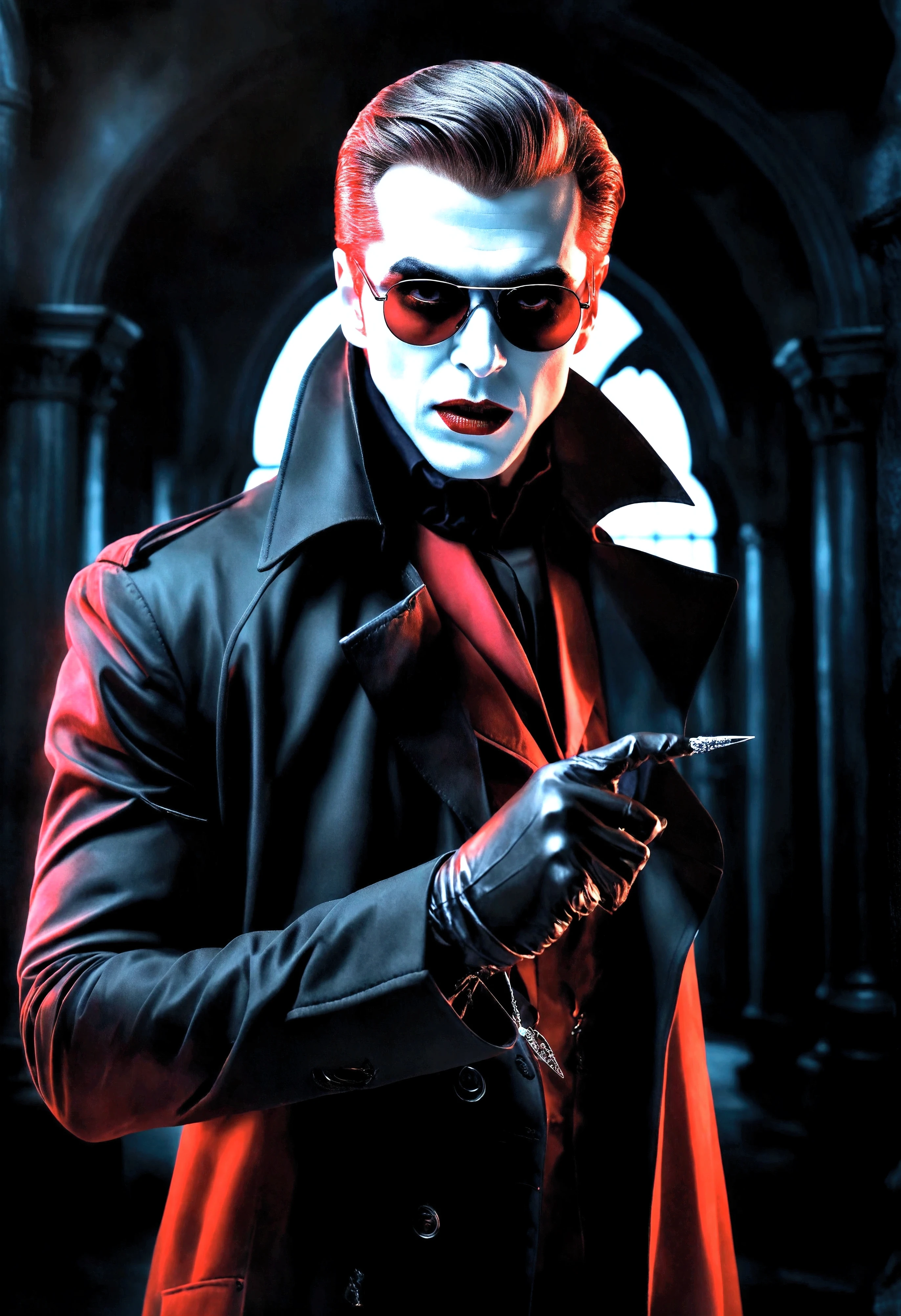 ((Full body):1.2),((Selective color):1.1), Drawing of a Vampire in Black Trench Coat with Dark Glasses and Vampire Fang, silhouette of Vampire in background, smooth lines, fine art piece, ((Dark glasses with red eye shadow)), ((Vampire Fang)), Express expressions and postures through ink contrast, emphasize light, shadow and space. figurative art, (best quality, 4K, 8k, high resolution,masterpiece:1.2) ,(actual, photoactual, photo-actual:1.37). ((perfect_composition, perfect_design, perfect_layout, perfect_detail, ultra_detailed)), ((enhance_all, fix_everything)), More Detail, Enhance. | Rendered in ultra-high definition with UHD and retina quality, this masterpiece ensures anatomical correctness and textured skin with super detail. With a focus on high quality and accuracy, this award-winning portrayal captures every nuance in stunning 16k resolution, immersing viewers in its lifelike depiction. (((anatomical correctness))), (((perfect_fingers))), (((perfect_legs))), (((perfect_hands))), ((perfect_composition, perfect_design, perfect_layout, perfect_detail, ultra_detailed)), ((enhance_all, fix_everything)), More Detail, Enhance.