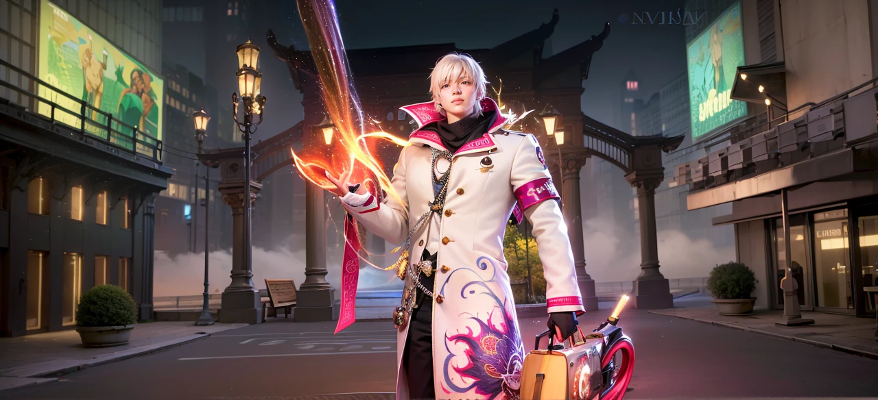 masculine male, masterpiece, ((perfect eyes)) best quality, (semirealism:1.9), beautiful lighting, (extremely detailed CG unity 4k fhd wallpaper), High Detail, Sharp focus, dramatic outdoors, 1 boy ,19 years old, white hair, light purpel eyes, smile.
