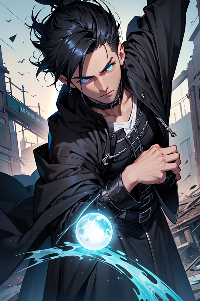 (Absurd, High resolution, Ultra-detailed), masterpiece, Highest quality, A man wearing black clothes and a black cloak, Has a black hole ,Holding a black hole in hand , 公式characterアート, short hair, Black Hair, Glowing blue eyes, Finely grained, Spiky Hair, City in Ruins, Dark Background, Black Swirl, Black swirl, Looking up from below, Looking up, character , White shirt