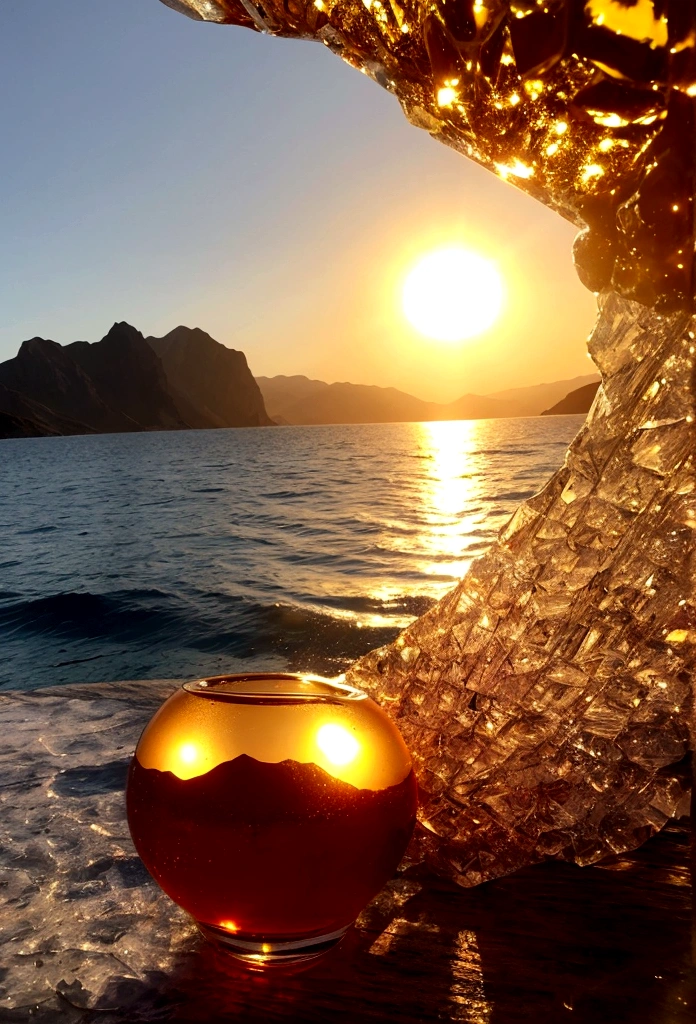 the sun shines into a crystal glass against the backdrop of the sea and mountains  