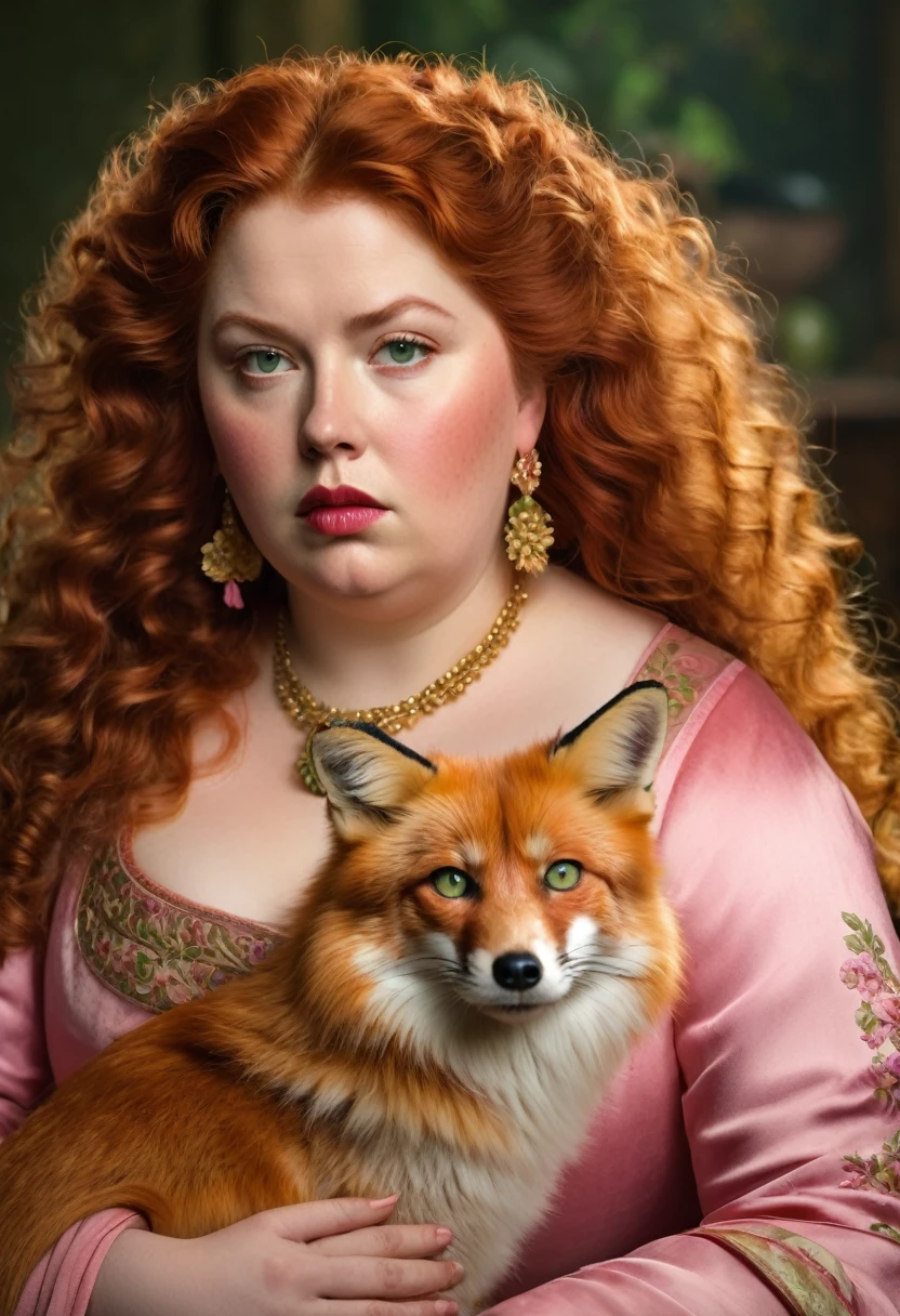 Beautiful overweight 17th century noble non-Oriental woman with long curly red hair, greenish eyes and red, full lips, serious expression, wearing a pink dress with gold flower details, has a pet fox