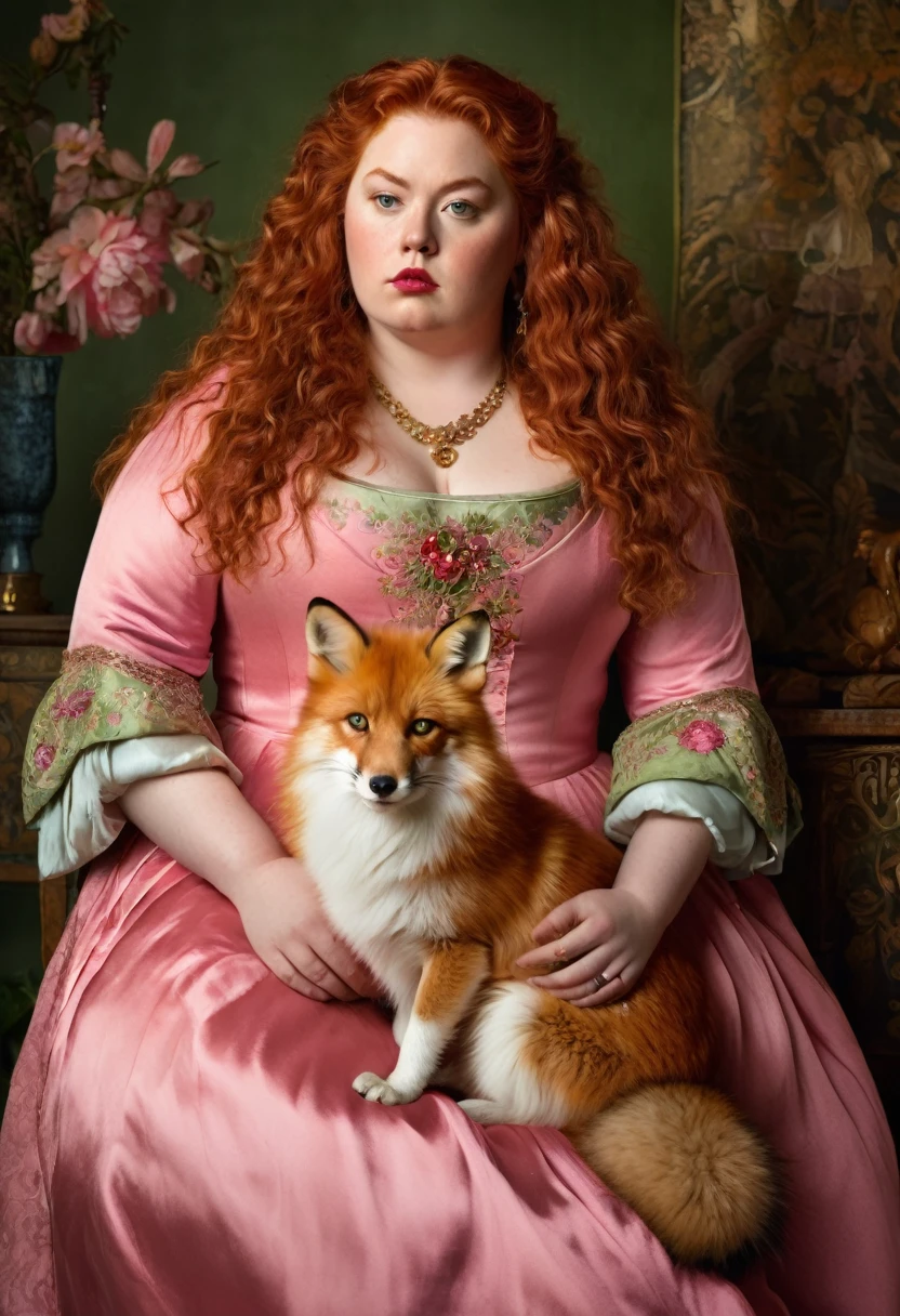 Beautiful overweight 17th century noble non-Oriental woman with long curly red hair, greenish eyes and red, full lips, serious expression, wearing a pink dress with gold flower details, has a pet fox 