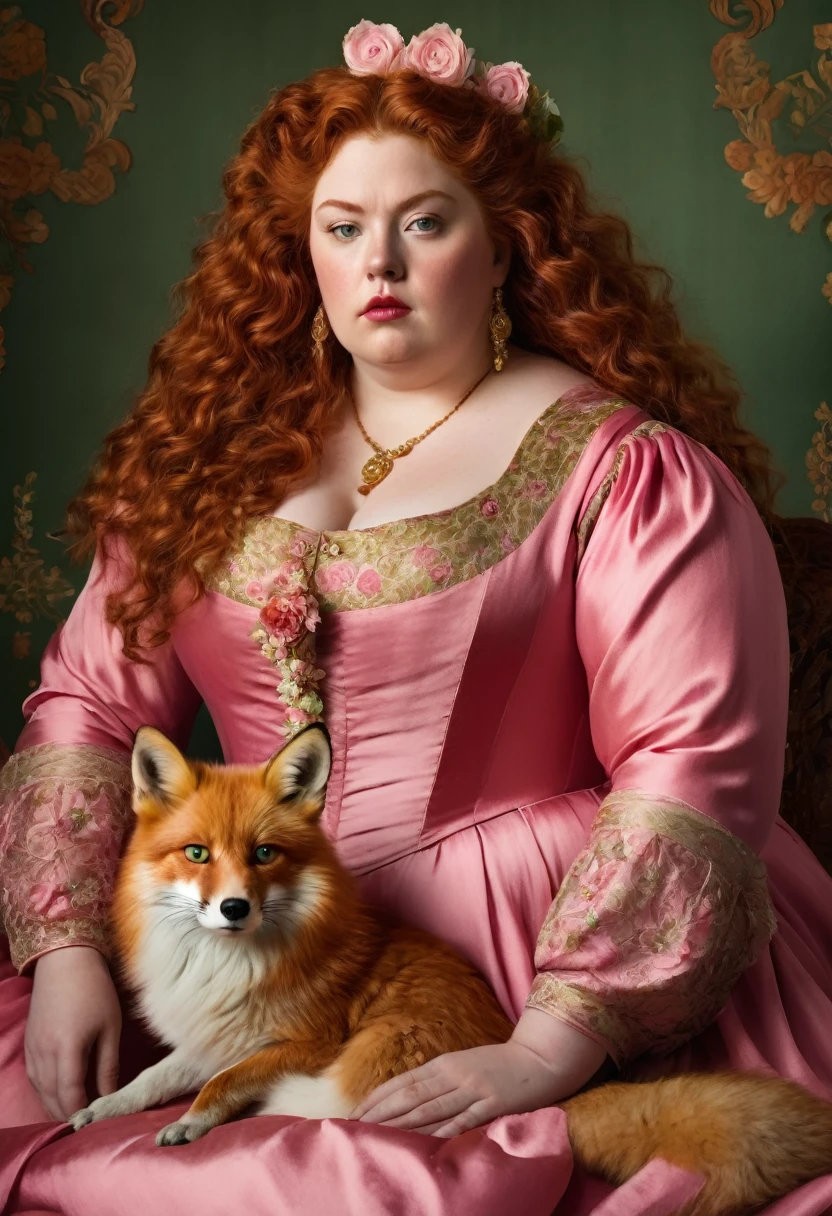 Beautiful overweight 17th century noble non-Oriental woman with long curly red hair, greenish eyes and red, full lips, serious expression, wearing a pink dress with gold flower details, has a pet fox