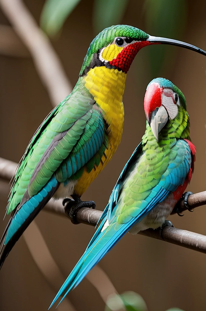 Shows a fusion of a hummingbird and a parrot