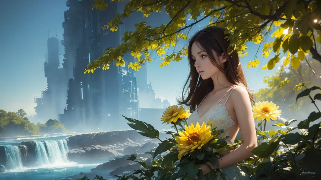 32k, Masterpiece, Highest quality, One girl, Brown Hair, Detailed eyes, flower,Dahlia, Light blue and yellow style,A dreamy, romantic piece,Pale yellow, Mysterious Leaves,A playful arrangement,Fantasy,High Contrast,Ink strokes,explosion,Exposure, Impression of light blue and yellow tones,Abstract,((Watercolours by John Berkey and Jeremy Mann )) Brush strokes,Negative Space, Tyndall effect,