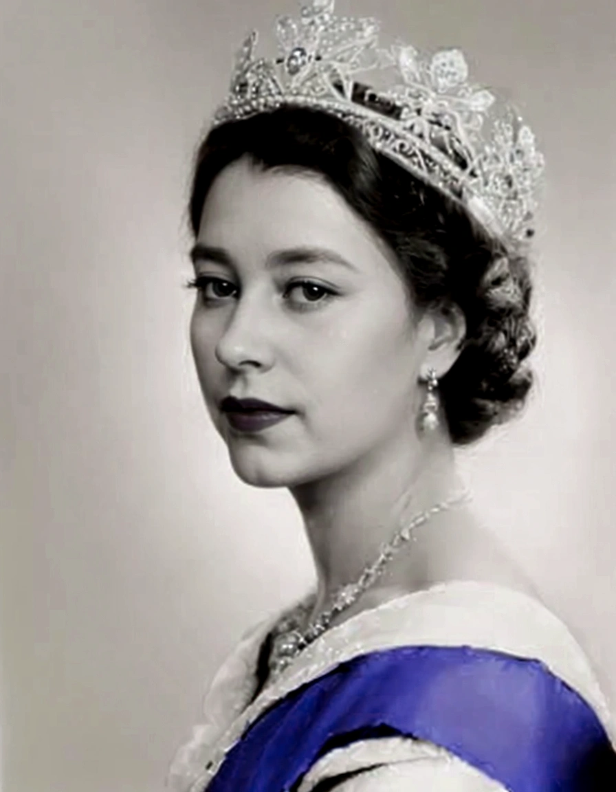 a close up of a woman wearing a tiara and a blue dress, queen elizabeth ii, queen of england, portrait of queen elizabeth ii, queen elizabeth, portrait of queen, portrait of a queen, royal portrait, wearing a diamond crown, queen chess piece photo portrait, god save the queen!!!, beautiful queen, portrait of queen of dreams, official photo portrait