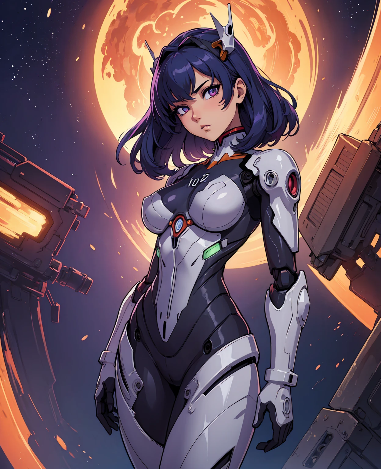 masterpiece, best quality, ultra-detailed, illustration, 1girl, highly detailed evangelion costume, (large robot background), detailed skin texture, beautiful detailed face, intricate details, ultra detailed