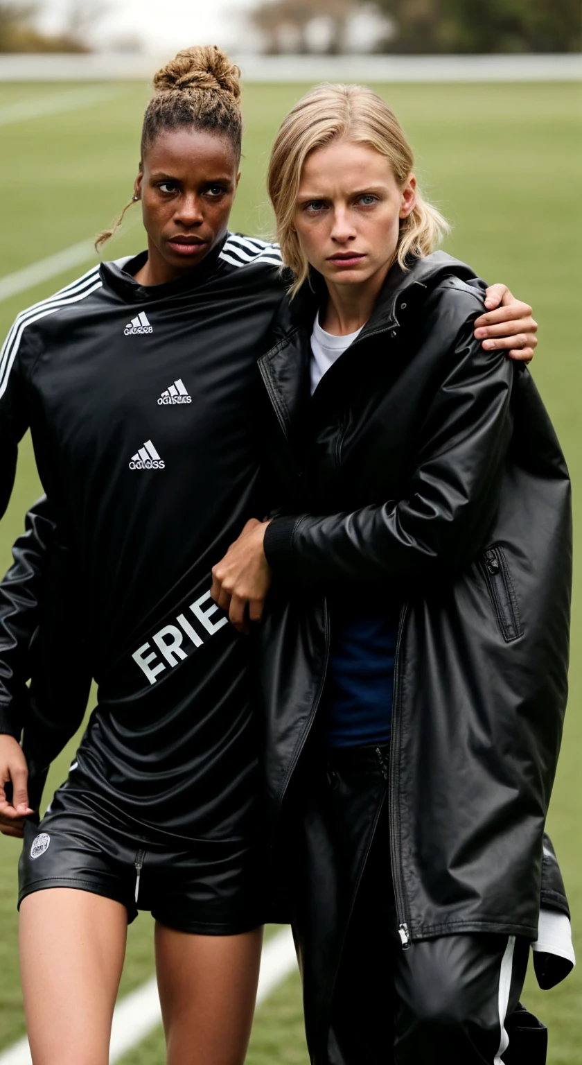 an injured soccer player needs support, a blond woman supports an injured soccer player in walking, he is really collapsing with pain, he is really fainting, she is holding him up, he is hanging on her shoulder, they are standing very close together, his hand is lying on her shoulder, arm-in-arm, she has her hand around his waist, she is wearing shiny leather pants, she is grabbing his waist, a man in a white tanktop, a shorthaired blond man, a girl in shiny leather pants, a shorthaired blond man in a white tanktop, a brownhaired woman with a very desperate facial expression, a brownhaired woman in a high shine blue and red nylon-coat, there is a young couple standing arm-in-arm, there is a brownhaired attractive woman wearing a high-shine nylon-coat, a wetlook nylon-coat, a brownhaired woman is crying with sorrow, a brownhaired woman is holding an injured shorthaired boy, there is a boy in jeans and tanktop hugging a brownhaired woman that is wearing a very shiny padded laquered coat, a shorthaired blond boy has a painful face and cannot walk, there is a brownhaired girl giving support to an injured shorthaired boy, a wounded blond and shorthaired boy cannot walk and has to be supported by a girl, he grabs her shoulder, he has his arm around her shoulder, his hand is on her shouder, a sad looking girl ia carrying a wounded boy, masterpiece, jeans, boy in a white cotton tanktop, super detailed background, detailed face, brown eyes, crying out, tears, desperation, pain, agony, accident pose, dramatic suffering pose, hands detailed hands, the head of an african man with lowered gaze and a theatrically suffering facial expression