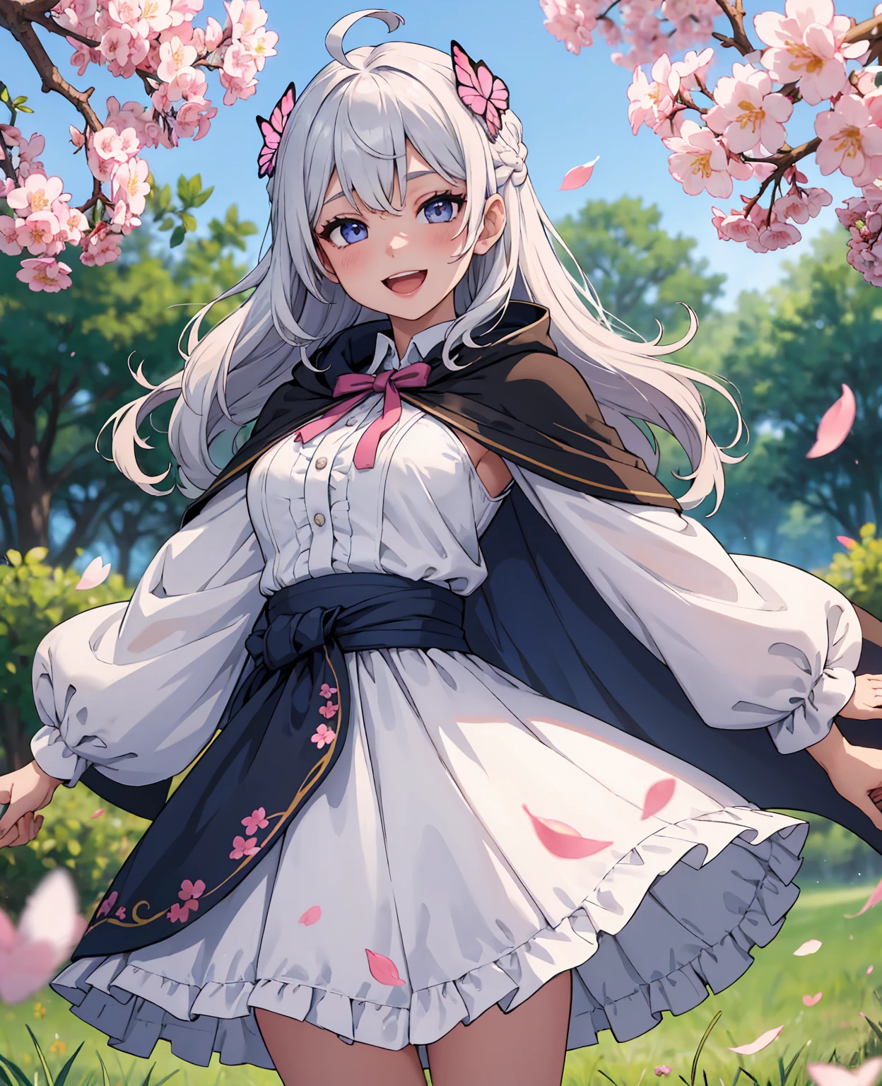 blurry, blurry_foreground, depth_of_field, petals, butterfly, bug, cherry_blossoms, blurry_background, blue_butterfly, motion_blur, flower, elaina_(majo_no_tabitabi), 1girl, open_mouth, long_hair, pink_flower, braid, falling_petals, white_shirt, smile, skirt, shirt, white_flower, tree, outdoors, ahoge, looking_at_viewer, hair_between_eyes, spring_(season), day, solo, holding, branch, bangs, blue_sky, eyebrows_visible_through_hair, :d, silver_hair, hood, cape