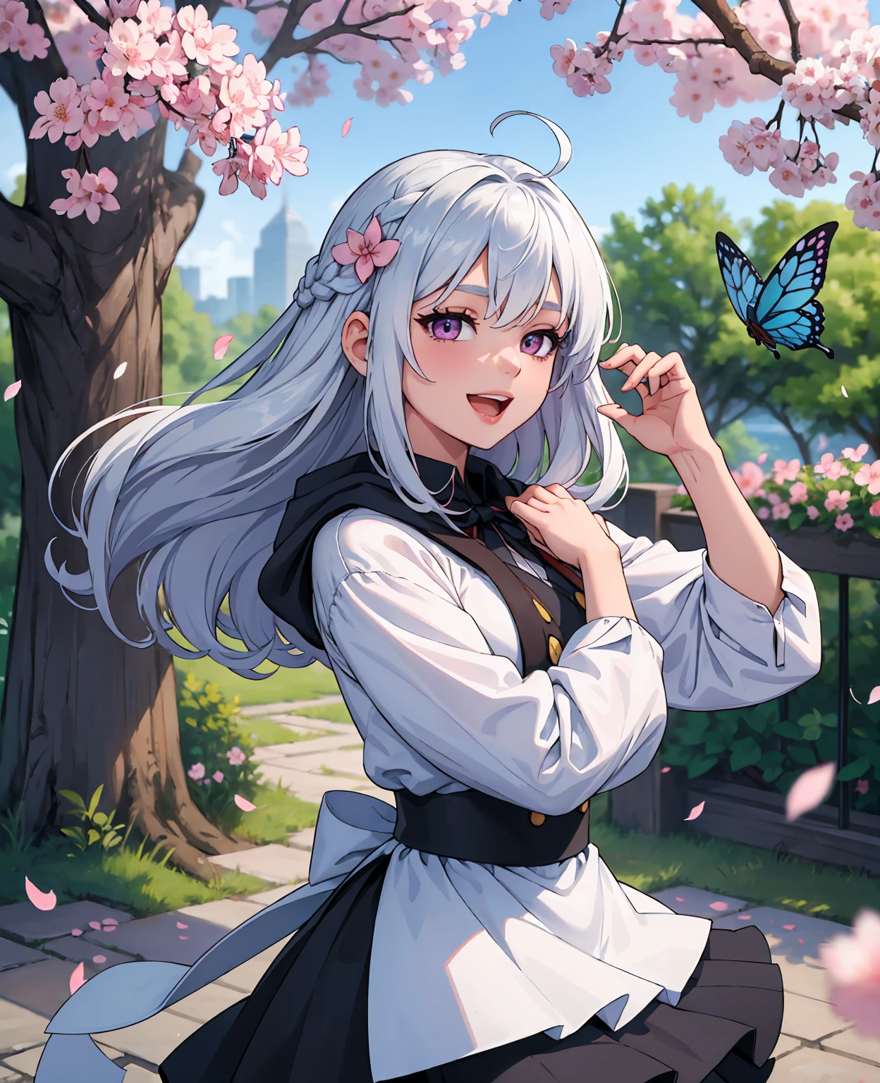 blurry, blurry_foreground, depth_of_field, petals, butterfly, bug, cherry_blossoms, blurry_background, blue_butterfly, motion_blur, flower, elaina_(majo_no_tabitabi), 1girl, open_mouth, long_hair, pink_flower, braid, falling_petals, white_shirt, smile, skirt, shirt, white_flower, tree, outdoors, ahoge, looking_at_viewer, hair_between_eyes, spring_(season), day, solo, holding, branch, bangs, blue_sky, eyebrows_visible_through_hair, :d, silver_hair, hood, cape