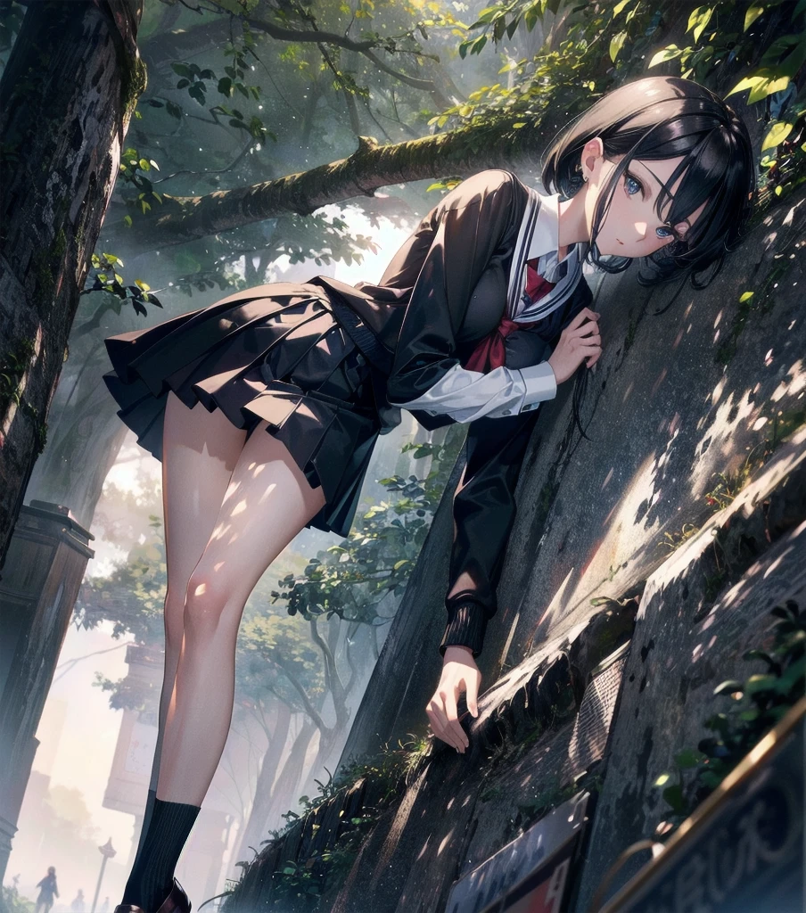 absurdres, RAW photo, extremely delicate and beautiful, masterpiece, Best Quality, ultra high resolution, 32k, hyperrealistic, ultra-detailed, perfect anatomy, super Detailed skin, perfect figure, Japanese woman, late 20s, very Slim body, narrow waist, very small head, handsome detailed woman, very detailed eyes and face, realistic face proportions, Stunning detailed eyes, Realistic beautiful face, very small face, Realistic small beautiful eyes, tearful mole, earring, beautiful and very thin legs, beautiful and very thin thighs, ((very huge round breasts)), medium hair, black hair, (full body shot), ((((school_uniform)))), ((outdoor)),