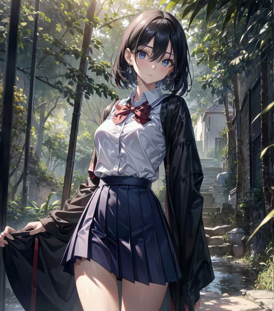 absurdres, RAW photo, extremely delicate and beautiful, masterpiece, Best Quality, ultra high resolution, 32k, hyperrealistic, ultra-detailed, perfect anatomy, super Detailed skin, perfect figure, Japanese woman, late 20s, very Slim body, narrow waist, very small head, handsome detailed woman, very detailed eyes and face, realistic face proportions, Stunning detailed eyes, Realistic beautiful face, very small face, Realistic small beautiful eyes, tearful mole, earring, beautiful and very thin legs, beautiful and very thin thighs, ((very huge round breasts)), medium hair, black hair, (full body shot), ((((school_uniform)))), ((outdoor)),