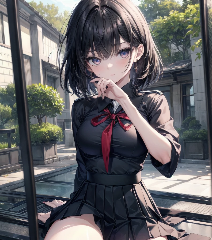 absurdres, RAW photo, extremely delicate and beautiful, masterpiece, Best Quality, ultra high resolution, 32k, hyperrealistic, ultra-detailed, perfect anatomy, super Detailed skin, perfect figure, Japanese woman, late 20s, very Slim body, narrow waist, very small head, handsome detailed woman, very detailed eyes and face, realistic face proportions, Stunning detailed eyes, Realistic beautiful face, very small face, Realistic small beautiful eyes, tearful mole, earring, beautiful and very thin legs, beautiful and very thin thighs, ((very huge round breasts)), medium hair, black hair, (full body shot), ((((school_uniform)))), ((outdoor)),