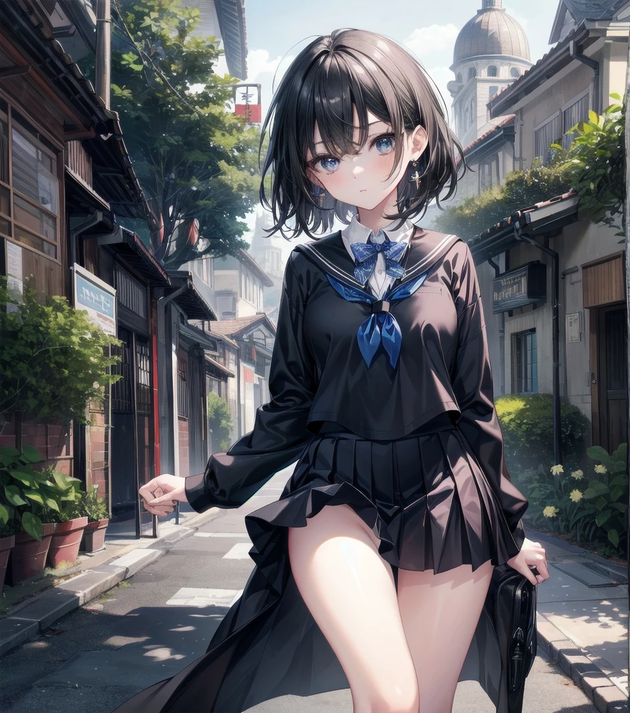 absurdres, RAW photo, extremely delicate and beautiful, masterpiece, Best Quality, ultra high resolution, 32k, hyperrealistic, ultra-detailed, perfect anatomy, super Detailed skin, perfect figure, Japanese woman, late 20s, very Slim body, narrow waist, very small head, handsome detailed woman, very detailed eyes and face, realistic face proportions, Stunning detailed eyes, Realistic beautiful face, very small face, Realistic small beautiful eyes, tearful mole, earring, beautiful and very thin legs, beautiful and very thin thighs, ((very huge round breasts)), medium hair, black hair, (full body shot), ((((school_uniform)))), ((outdoor)),