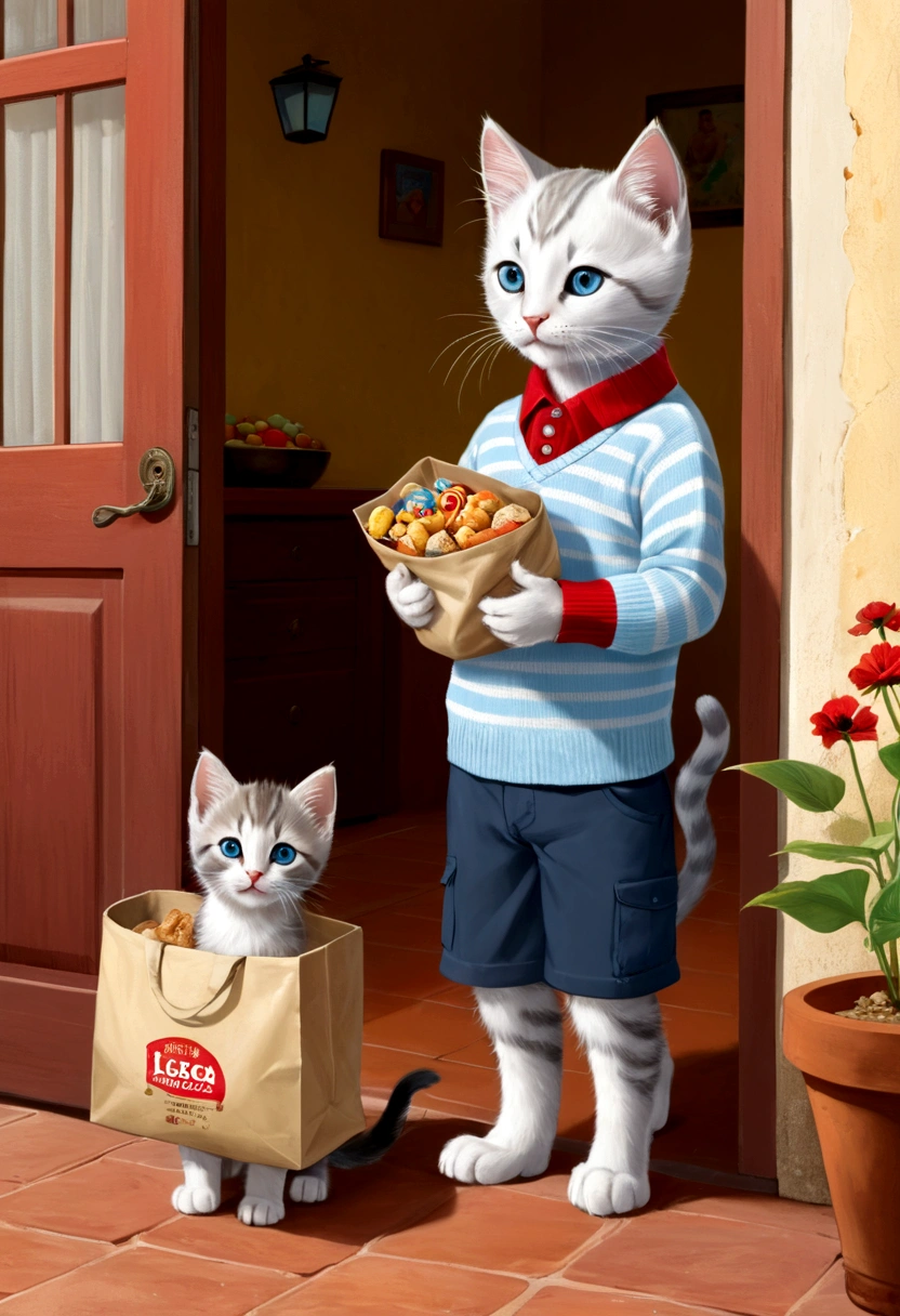 the kitten kitten, Leo, is back home after her supermarket adventure. He enters the front door of the small house, still wearing his light blue sweater with white stripes and the red collar with the fish-shaped pendant. In your paws, he holds the makeshift bag full of goodies he got from the supermarket. Leo está diante de sua mãe gata, Proudly showing her the treats. A mãe gata olha para Leo com ternura e orgulho, his eyes showing approval of his son's achievement.