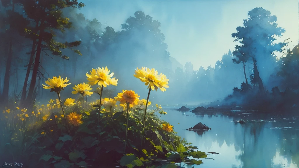32k, Masterpiece, Highest quality, One girl, Brown Hair, Detailed eyes, flower,Dahlia, Light blue and yellow style,A dreamy, romantic piece,Pale yellow, Mysterious Leaves,A playful arrangement,Fantasy,High Contrast,Ink strokes,explosion,Exposure, Impression of light blue and yellow tones,Abstract,((Watercolours by John Berkey and Jeremy Mann )) Brush strokes,Negative Space, Tyndall effect,