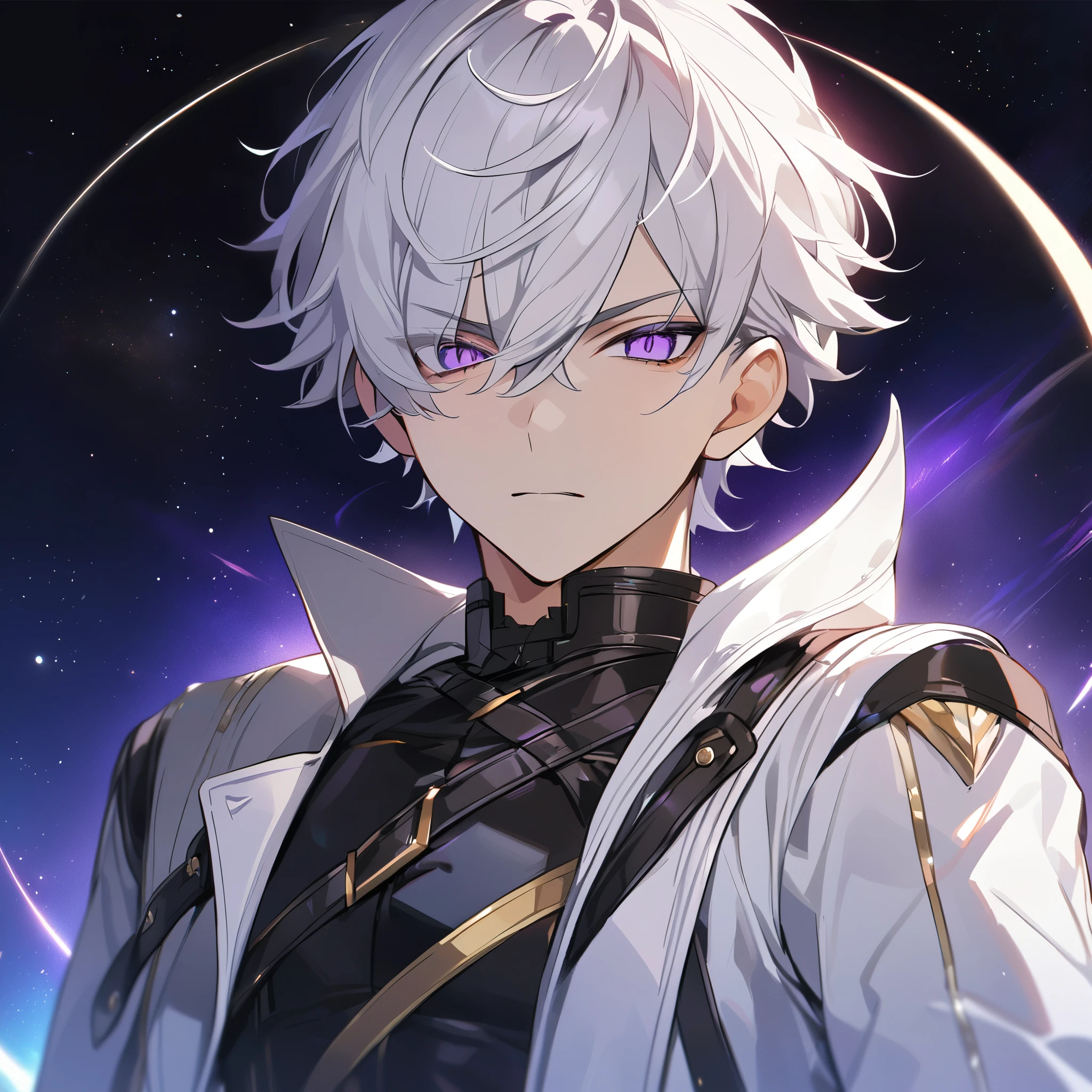 High quality, HD, 4k, no shadows, handsome male, 1male, s old, teenager, golden lining, short white hair, sharp eyes, dark purple eyes, deep purple eyes, devil may cry, close up, calm expression, stoic expression, black leather clothes, white leather clothing, lean body, well trained body, upper body, looking at viewer, cowboy shot, white solar, space background