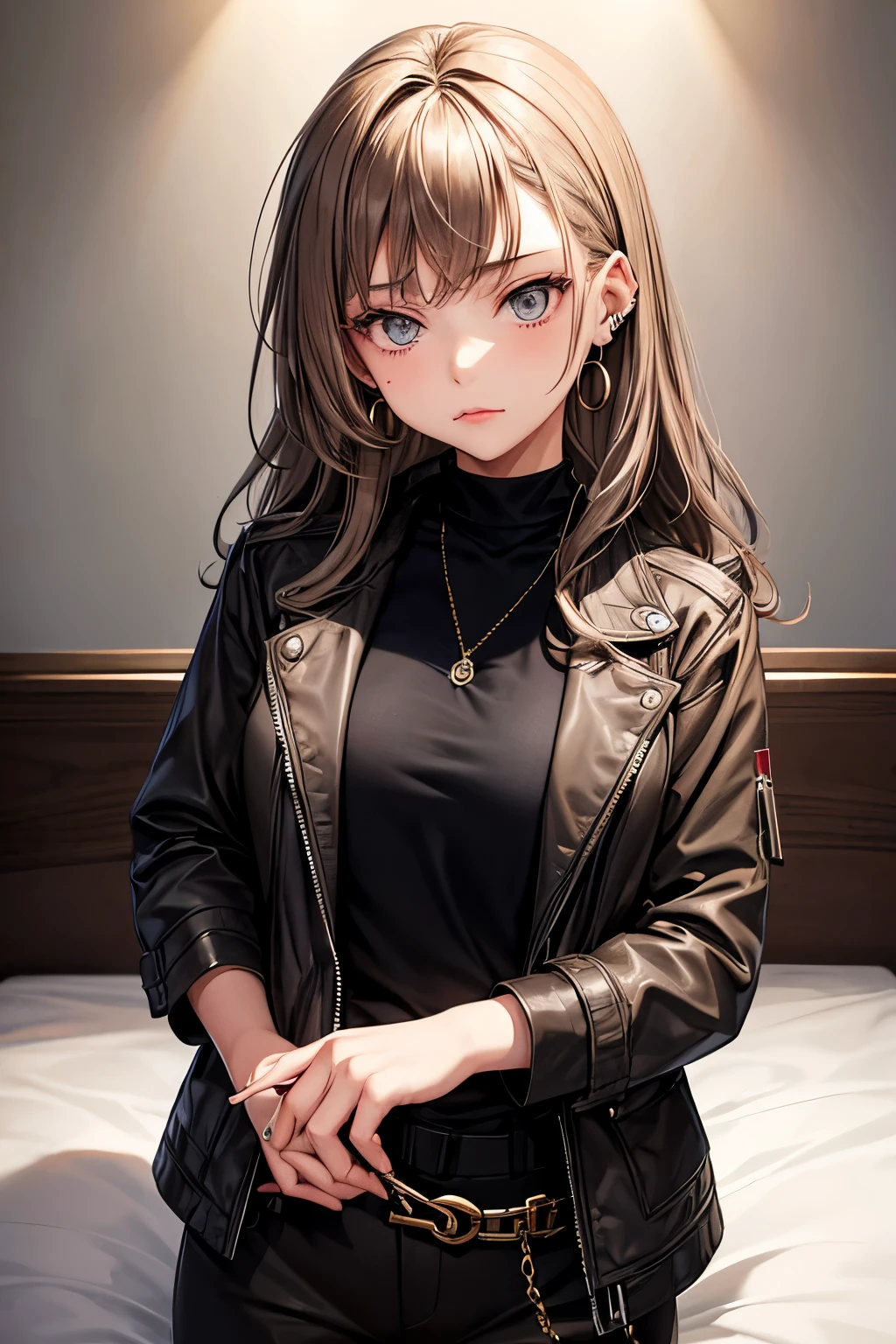 Young girl about 20 years old, Anime, grey eyes, light brown wavy hair, in a black jacket, and black trousers, with a pierced lip earring, with an earring on the lower lip, background beige bed, there is a rope and handcuffs on the bed
