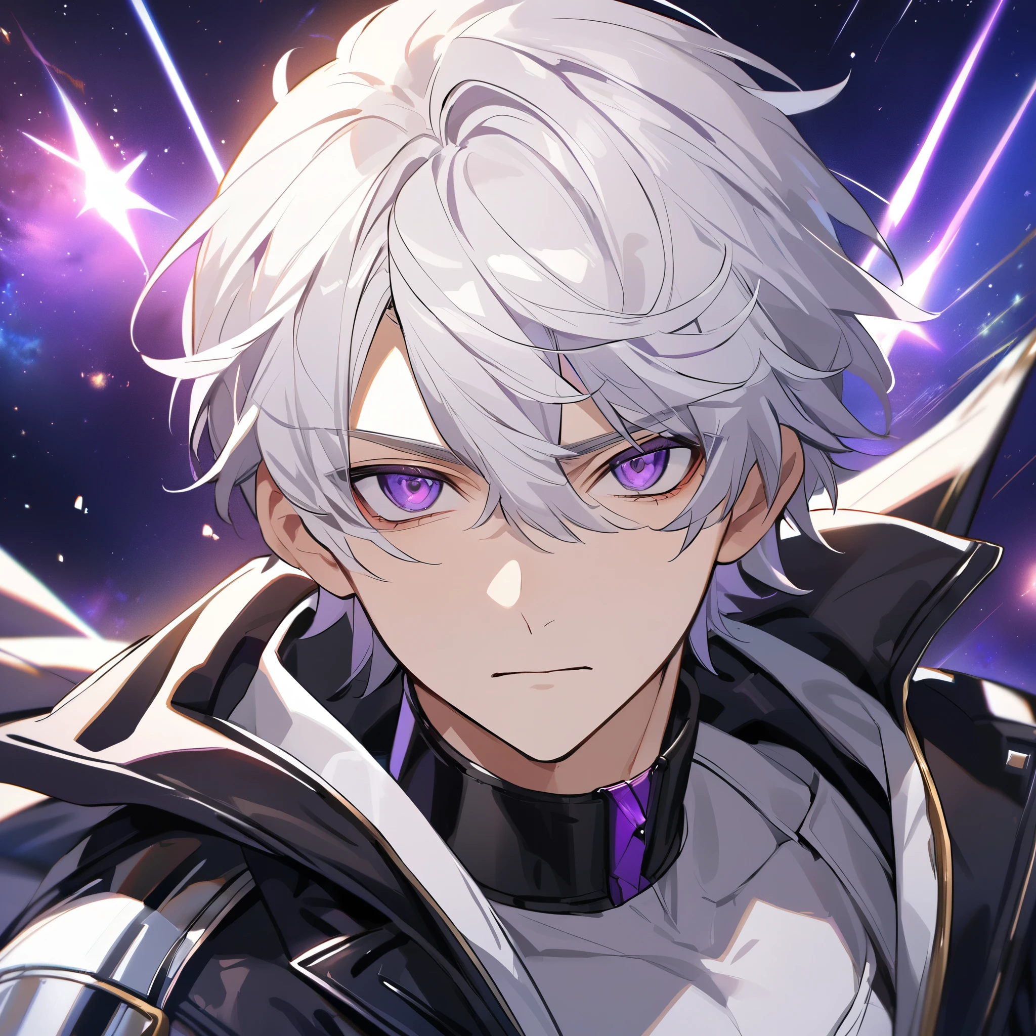 High quality, HD, 4k, no shadows, handsome male, 1male, 17 years old, teenager, golden lining, short white hair, sharp eyes, dark purple eyes, deep purple eyes, devil may cry, close up, calm expression, stoic expression, black leather clothes, white leather clothing, lean body, well trained body, upper body, looking at viewer, cowboy shot, white solar, space background