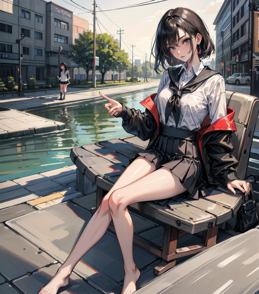 absurdres, RAW photo, extremely delicate and beautiful, masterpiece, Best Quality, ultra high resolution, 32k, hyperrealistic, ultra-detailed, perfect ???????, super Detailed skin, perfect figure, Japanese woman, late 20s, very Slim body, narrow waist, very small head, handsome detailed woman, very detailed eyes and face, realistic face proportions, Stunning detailed eyes, Realistic beautiful face, very small face, Realistic small beautiful eyes, tearful mole, earring, beautiful and very thin legs, beautiful and very thin thighs, ((very huge round breasts)), medium hair, black hair, (full body shot), ((((school_uniform)))), ((outdoor)),