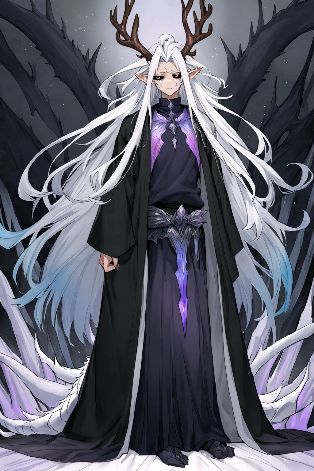 Solo, male , Character fusion: Nibelung fused with nidhoggr, odin and sun wukong, tall tanned man with wild unruly white hair, bangs on face, bangs, ((iridescent irises)), black sclera on eyes, long voluminous hair, spiky hair, pointy ears, fit , clawed fingers, dragon tail, open haori, turtleneck tanktop, dark crystal antlers, exhausted expression, khaenr'ah abyss, draconic person, calamity incarnate, full body