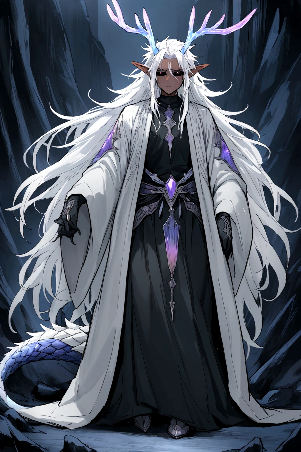 Solo, male teen, Character fusion: Nibelung fused with nidhoggr, odin and sun wukong, tall tanned man with wild unruly white hair, bangs on face, bangs, ((iridescent irises)), black sclera on eyes, long voluminous hair, spiky hair, pointy ears, fit , clawed fingers, dragon tail, open haori, turtleneck tanktop, dark crystal antlers, exhausted expression, khaenr'ah abyss, draconic person, calamity incarnate, full body