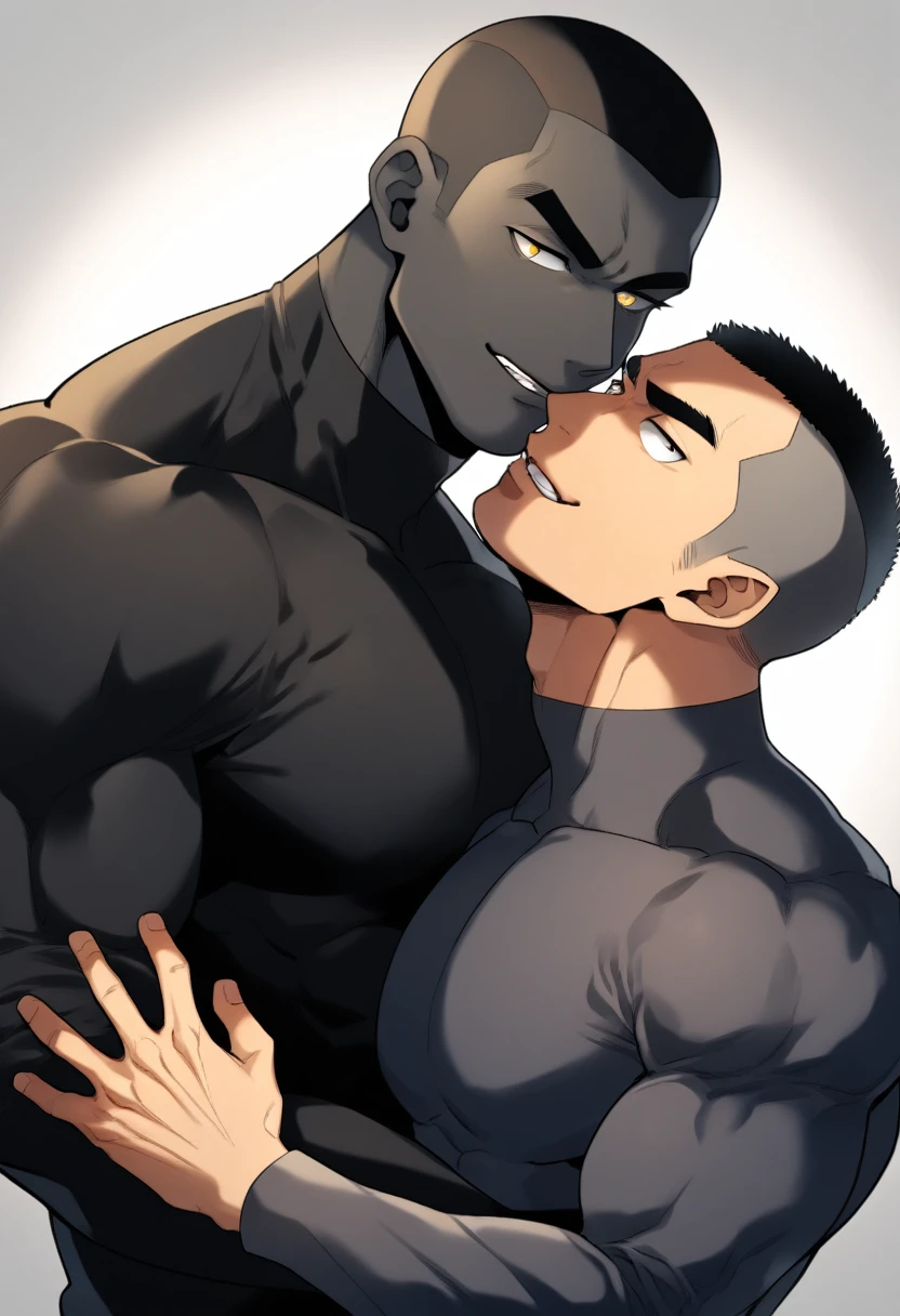 anime characters:Two superheroes in tights, Muscle superhero, Buzz Cut,negro black skin, They hugged and kissed each other, Bite your neck, Caress, Manliness, male focus, Yellow and black high collar long sleeve tight T-shirt, Slightly transparent material, Very tight, Round, full and perky chest muscles, Male dog waist, Slightly transparent, muscular male, muscular, only, Upper body, alone, Black short hair, Thick eyebrows, stubble, Yellow eyes, Grey background, simple background, amazing quality, best aesthetics, Ridiculous, bright pupils, crew cut, parted lips, seductive smile, torogao, naughty face, drop shadow, best quality