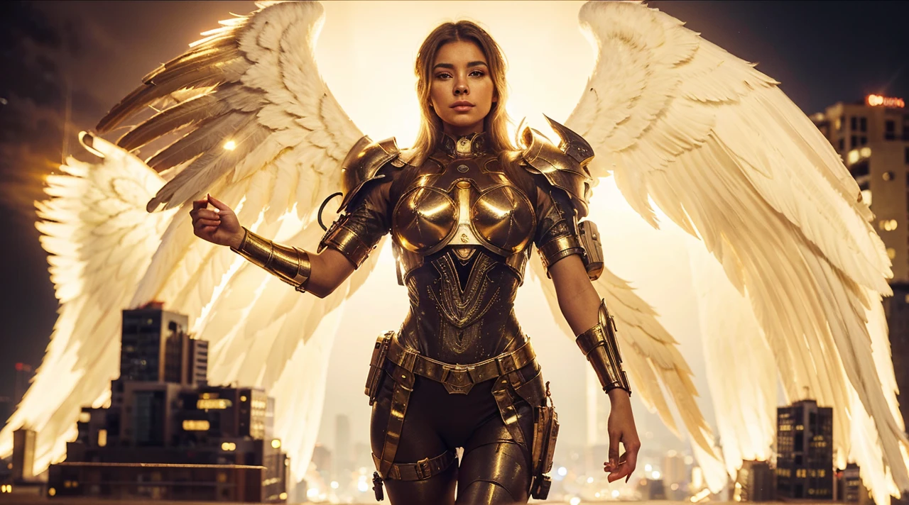 This image depicts an angel woman hovering over a city at night. The city lights create a golden and dramatic atmosphere, while its delicate presence and dark wings contrast with the urban environment. The woman seems protective and vigilant.