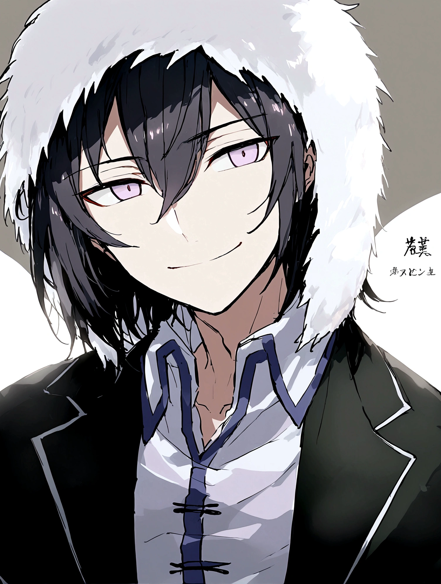 boy with black hair and alpha pink eyes smiling maliciously