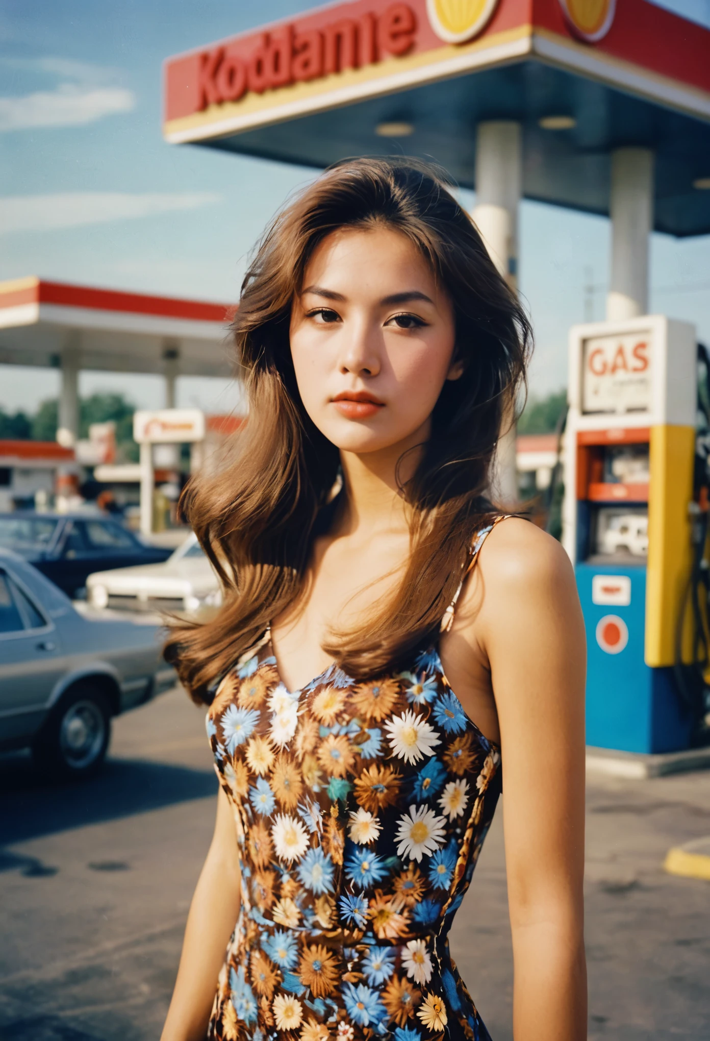 Portrait, A MagMix Girl, brown long hair, big breast, dress, gas station, 80s fashion, analog film photo, Kodachrome.