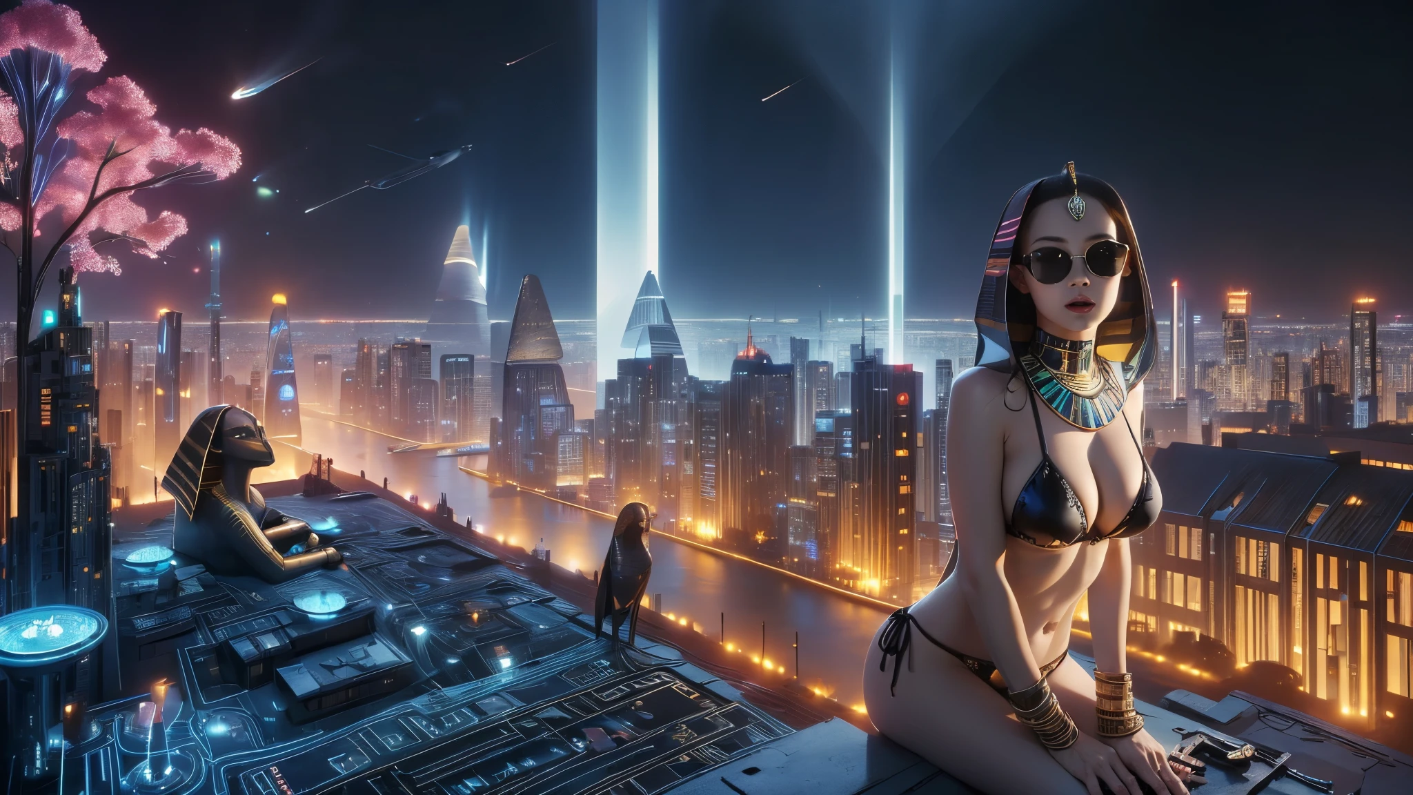 (((a medium-breast bikini slim GIRL with black micro sunglasses))), (((aiming at viewer with a pistol))), a balcony of a futuristic building, aerial view of an ultra-futuristic megalopolis, many metal buildings and houses in dark colors from dark blue to black, a cidade tem tons de cinza metal, has smoky metal structures , industrial environment with smoke and fog around, carros escuros nas ruas, desert megalopolis, trilhos e trens modernos de de metal passando estre as ruas da cidade, tall futuristic metal buildings, many ultra modern buildings around, (((an Egypt sphinx statue on the top of building))), realistic, detailed, sci-fi.