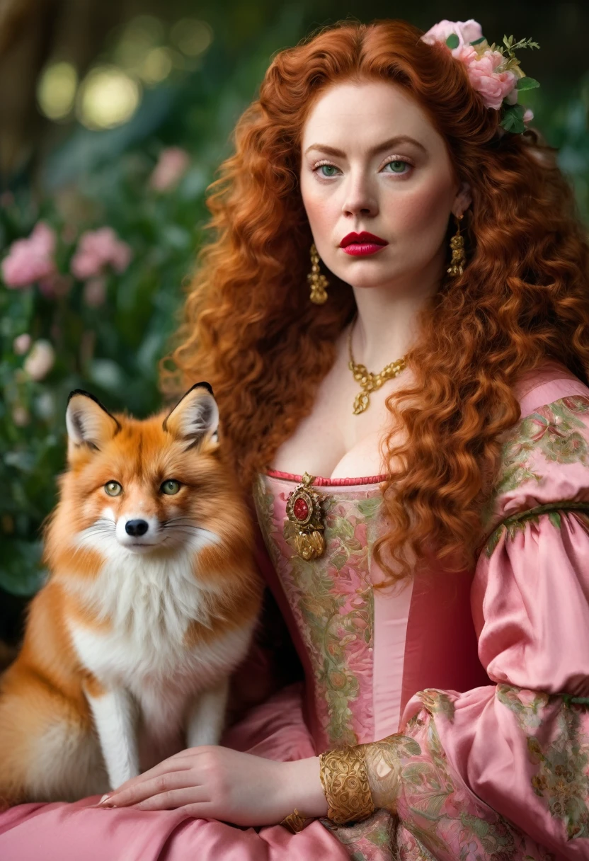 Beautiful slightly overweight 17th century noble non-Oriental woman with long red curly hair greenish eyes and full red lips, serious expression, wearing a pink dress with gold flower details, has a pet fox