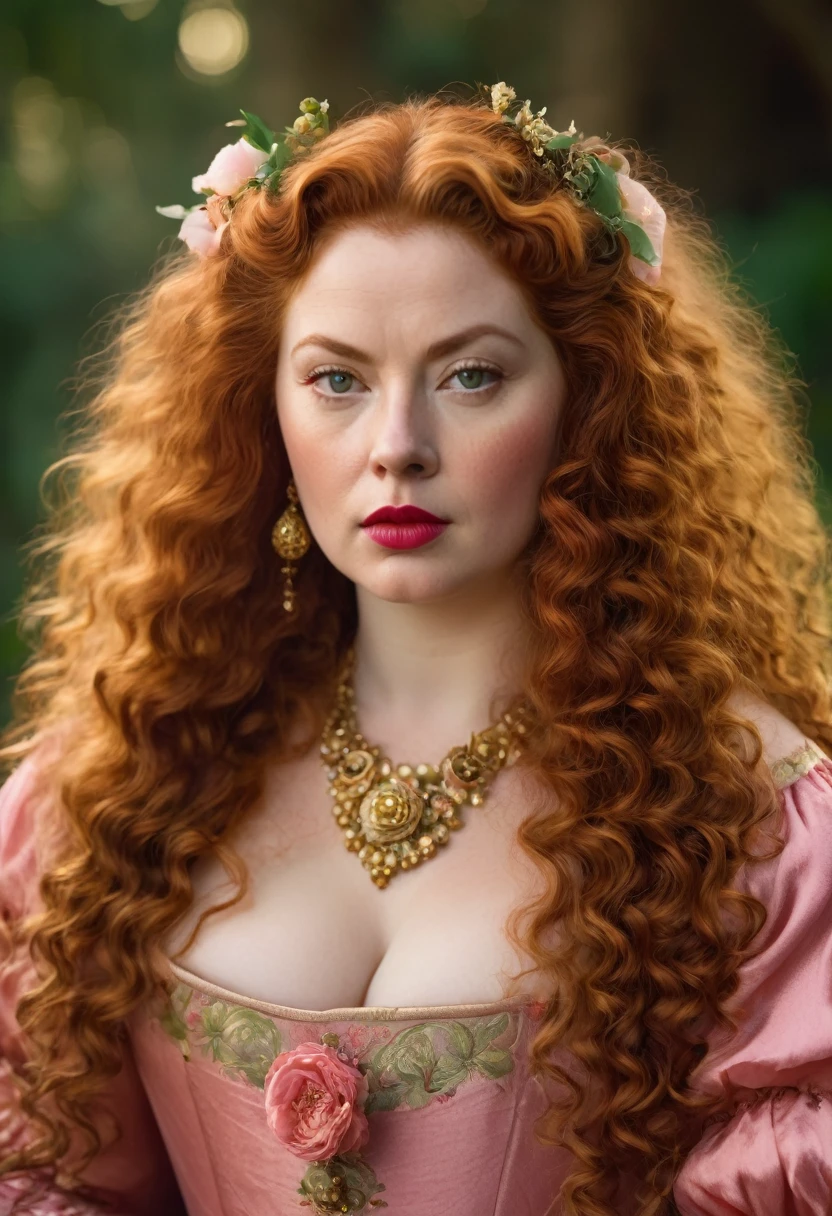 Beautiful slightly overweight 17th century noble non-Oriental woman with long red curly hair greenish eyes and full red lips, serious expression, wearing a pink dress with gold flower details, has a pet fox
