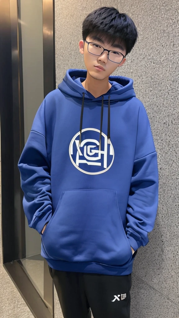 18 year old chinese boy, he is ((oversized xxl blue plain hoodie)), wearing black pants, wearing sneakers, wearing glasses, night club, whole body, (he is 한국 머리카락입니다) k pop style