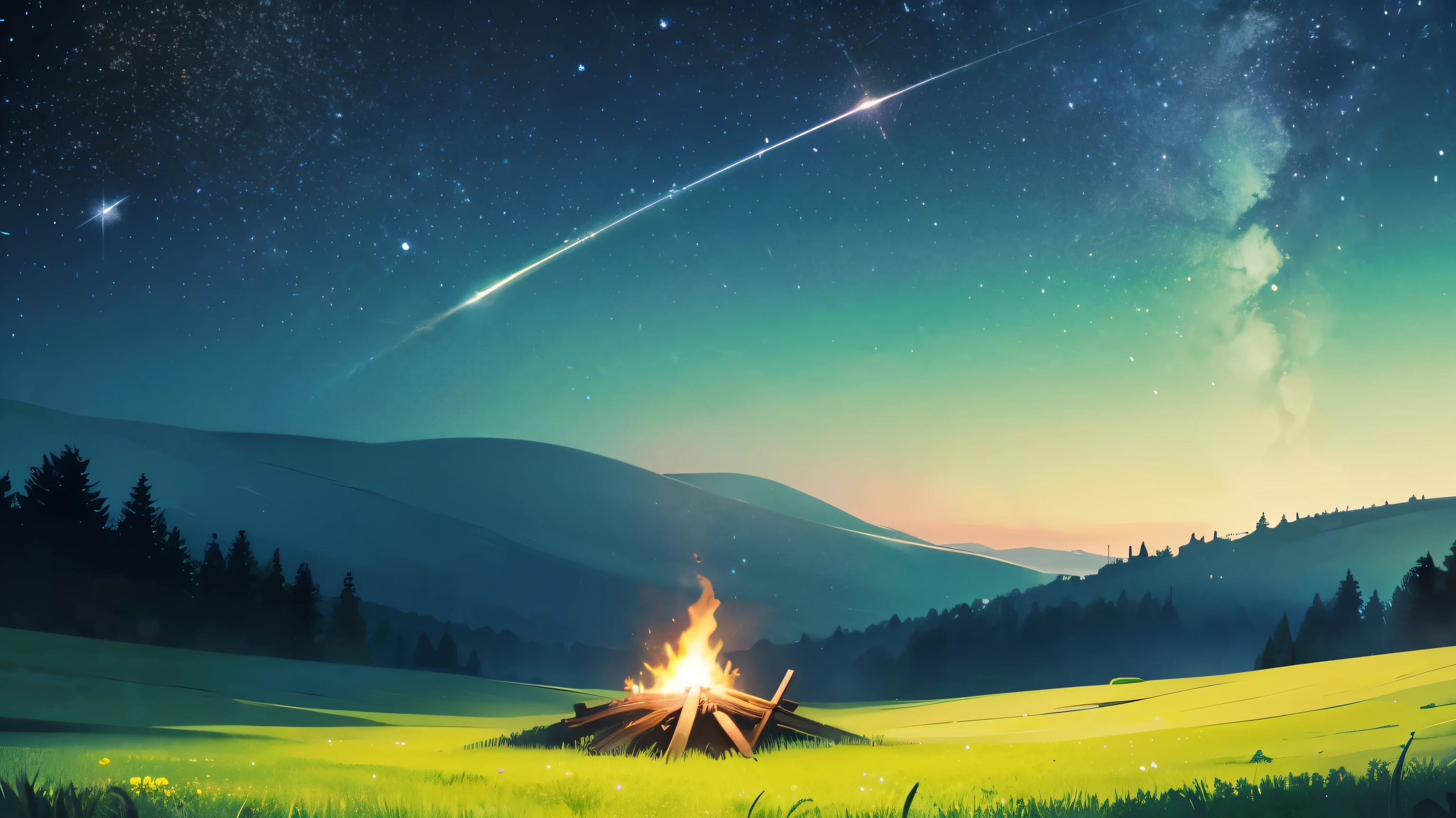 an extremely starry night in a green field, there is a small bonfire on the ground and a big horizon