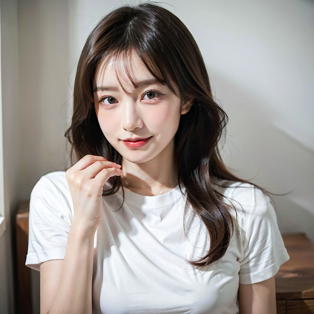 Highest quality, Face Focus, Soft Light, Ultra-high resolution, (Realistic:1.4), RAW Photos, 1 Japanese girl, alone, cute, (A shy smile), (Brown eyes, Light in your eyes), Beautiful face in every detail, (Small box),(High resolution detail of human skin texture), (Long Hair), Inside the room、Barely、Distant View、Wearing a T-shirt
