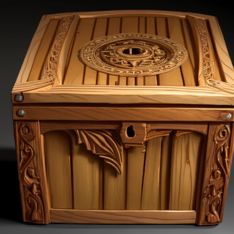 a meticulously crafted container made from fine, polished wood and adorned with intricate carvings depicting waves and clouds, symbolizing the calm yet powerful nature of its former owner. 