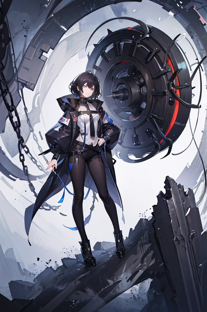 (Absurd, High resolution, Ultra-detailed), masterpiece, Highest quality, A man wearing black clothes and a black cloak, Has a black hole ,Holding a black hole in hand , 公式characterアート, short hair, Black Hair, Glowing blue eyes, Finely grained, Spiky Hair, City in Ruins, Dark Background, Black Swirl, Black swirl, Looking up from below, Looking up, character , White shirt