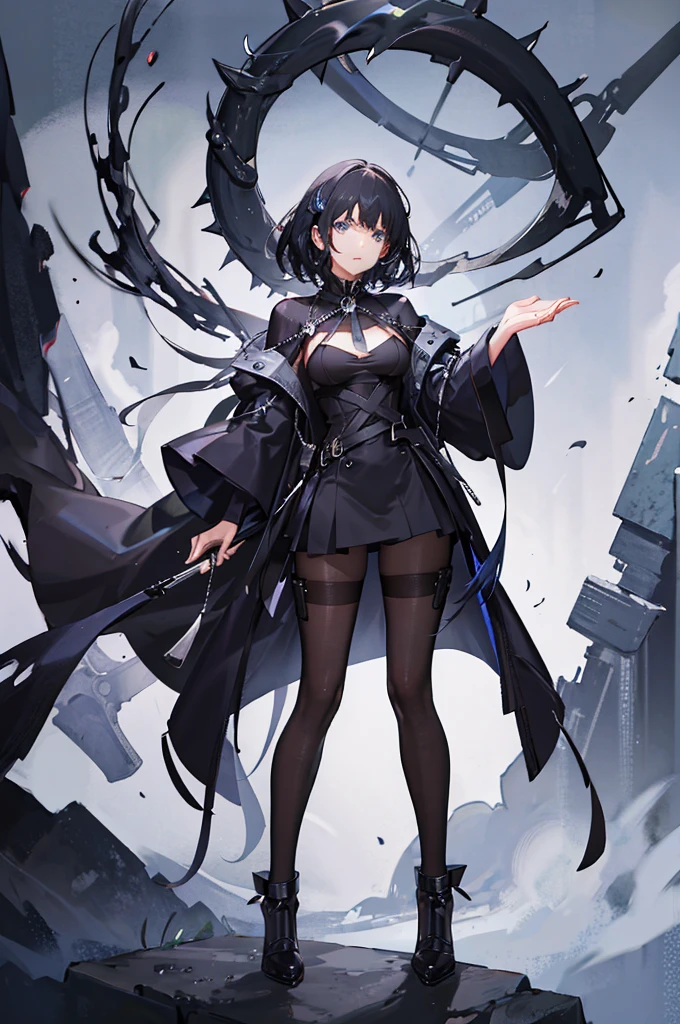 (Absurd, High resolution, Ultra-detailed), masterpiece, Highest quality, A man wearing black clothes and a black cloak, Has a black hole ,Holding a black hole in hand , 公式characterアート, short hair, Black Hair, Glowing blue eyes, Finely grained, Spiky Hair, City in Ruins, Dark Background, Black Swirl, Black swirl, Looking up from below, Looking up, character , White shirt