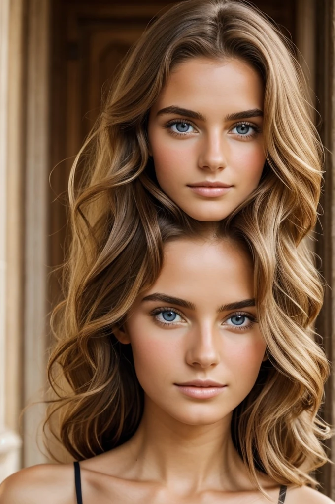 A photorealistic portrait of a 18-year-old norvegian girl with a model face with long, straight hair whith blonde and brunette highlights and striking hazel eyes. She should have a natural, approachable expression and be illuminated by soft, golden-hour sunlight. She has thick lips. The background should be a scenic indoor setting, chamber. Capture this image with a high-resolution photograph using an 85mm lens for a flattering perspective, 4k, highly detailled.