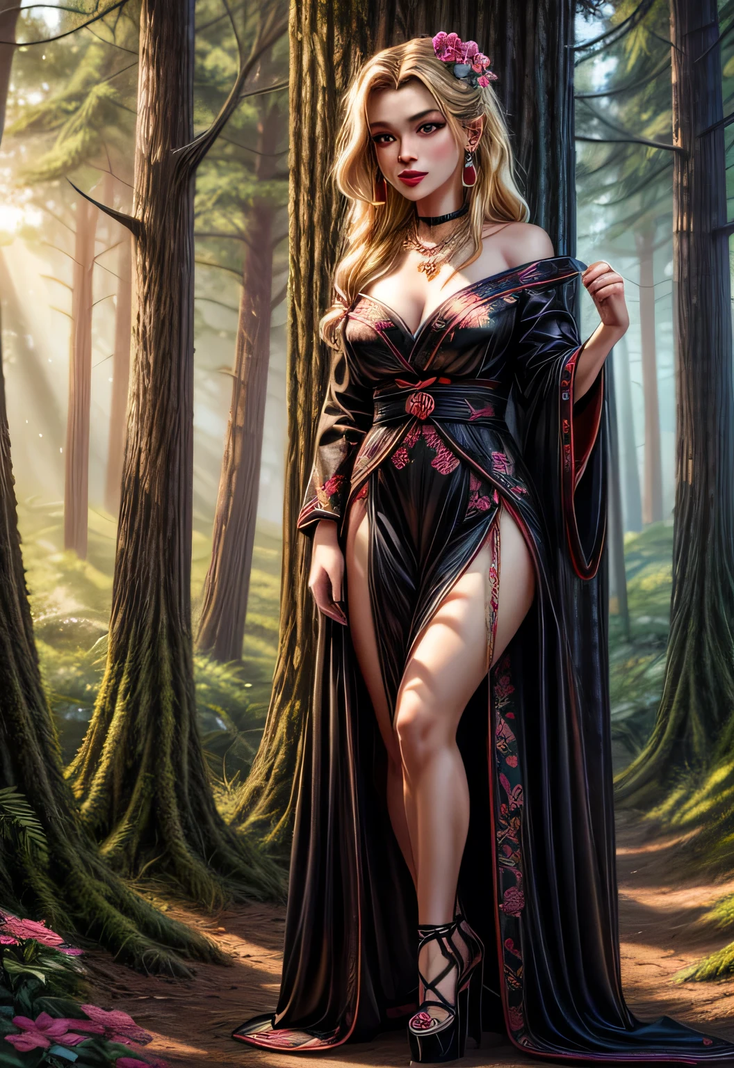 UHD 8k, HDR+, sexy Female wearing a black robe, gorgeous Japanese woman, elaborate black hair, pink flower embroidery, full body shot, gold trimnings with a necklace, large piercing eyes, huge earrings, giant earrings, her long blonde hair falls over her shoulders, Black high heel shoes, High heels, Against the background of the forest, detailed background, realistic, 1girl, solo girl, 20 year old girl, ultra realistic face, hyperrealistic, hyperdetailed, (looking at viewers), sharpen, detailed face, detailed eyes, detailed lips, red lips, beautiful face, 16k, FHD, raw photo, cute face mesh, pretty face mesh, portrait shot 8 k