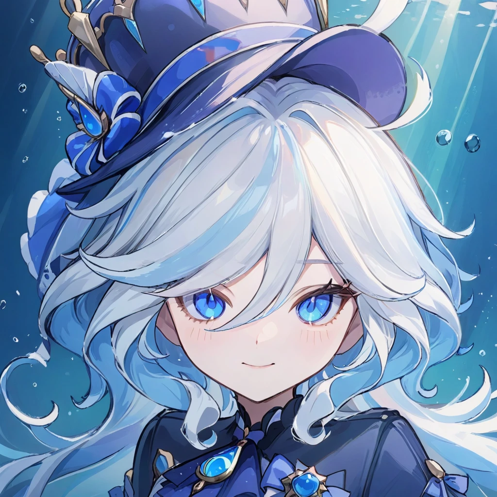 furina,1girl, blue eyes, solo, hat, long hair, looking at viewer, smile, blue hair, underwater, bangs, bubble, hair between eyes, white hair, upper body, closed mouth, crown, multicolored hair, air bubble, light rays, ribbon, virtual youtuber, gem(best quality), ((masterpiece)), (highres), (an extremely delicate and beautiful), sunglasses 