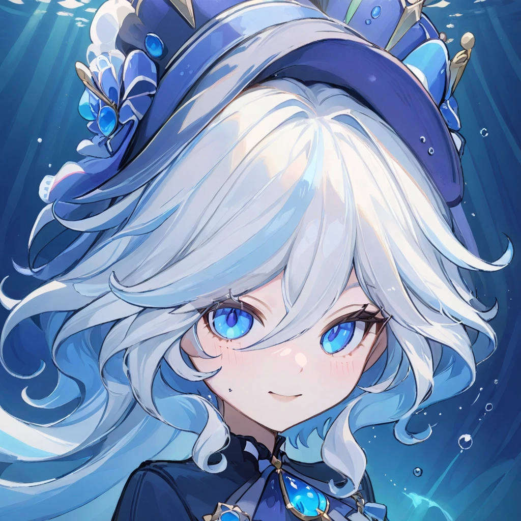 furina,1girl, blue eyes, solo, hat, long hair, looking at viewer, smile, blue hair, underwater, bangs, bubble, hair between eyes, white hair, upper body, closed mouth, crown, multicolored hair, air bubble, light rays, ribbon, virtual youtuber, gem(best quality), ((masterpiece)), (highres), (an extremely delicate and beautiful), sunglasses