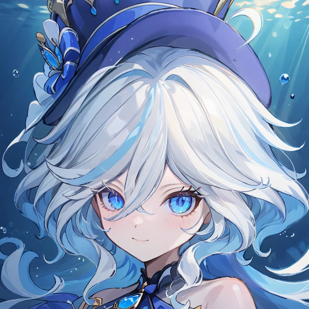 furina,1girl, blue eyes, solo, hat, long hair, looking at viewer, smile, blue hair, underwater, bangs, bubble, hair between eyes, white hair, upper body, closed mouth, crown, multicolored hair, air bubble, light rays, ribbon, virtual youtuber, gem(best quality), ((masterpiece)), (highres), (an extremely delicate and beautiful), sunglasses
