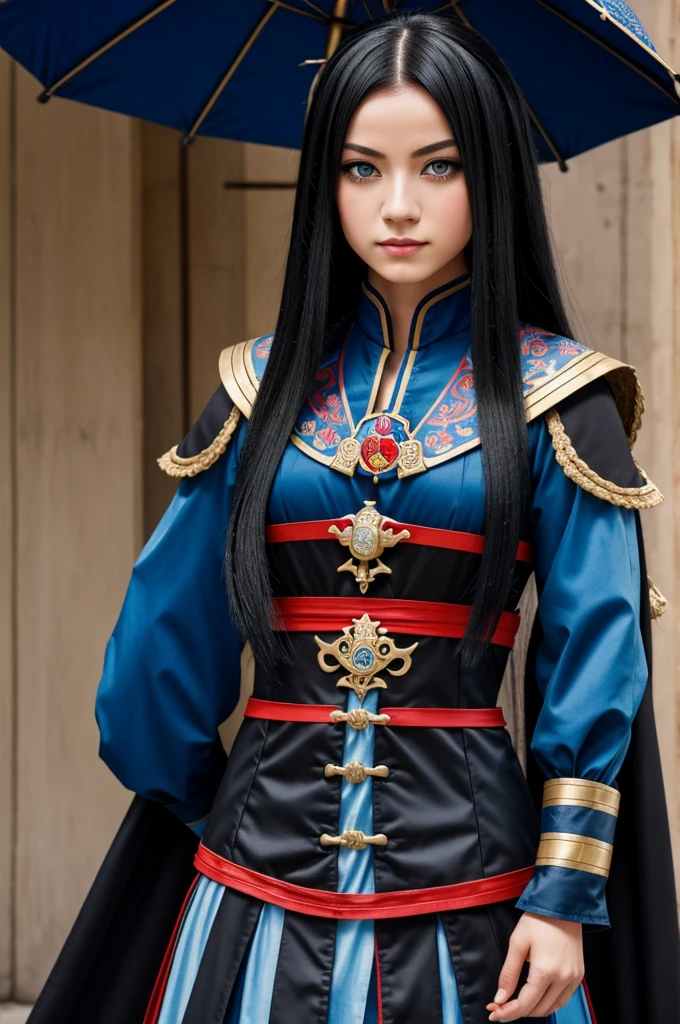 A OC female genshin impact character with long black hair and blue eyes, wearing the same clothes as Arlecchino. 